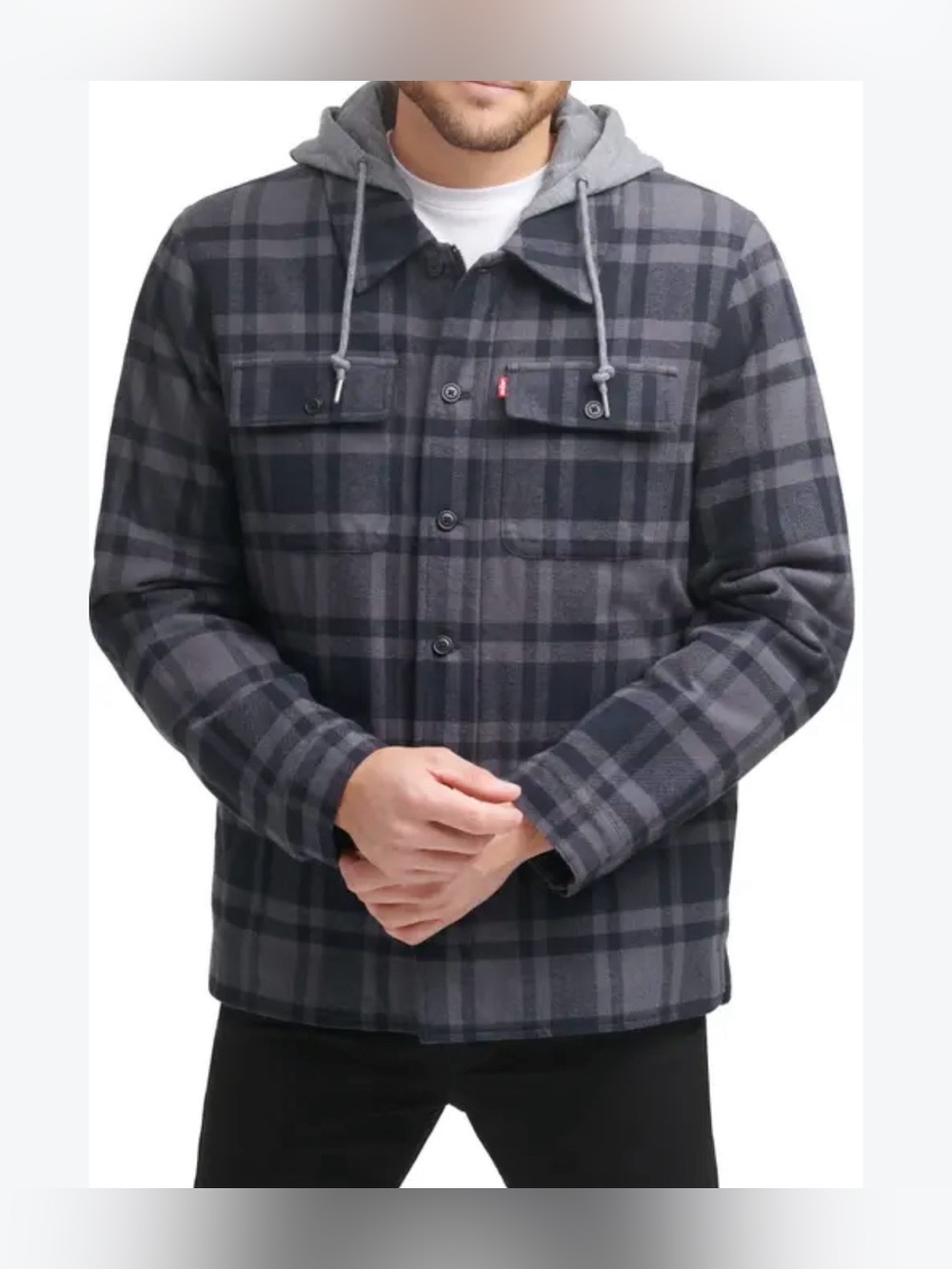 Levi's Men's Dark Gray Plaid Hooded Shirt Jacket